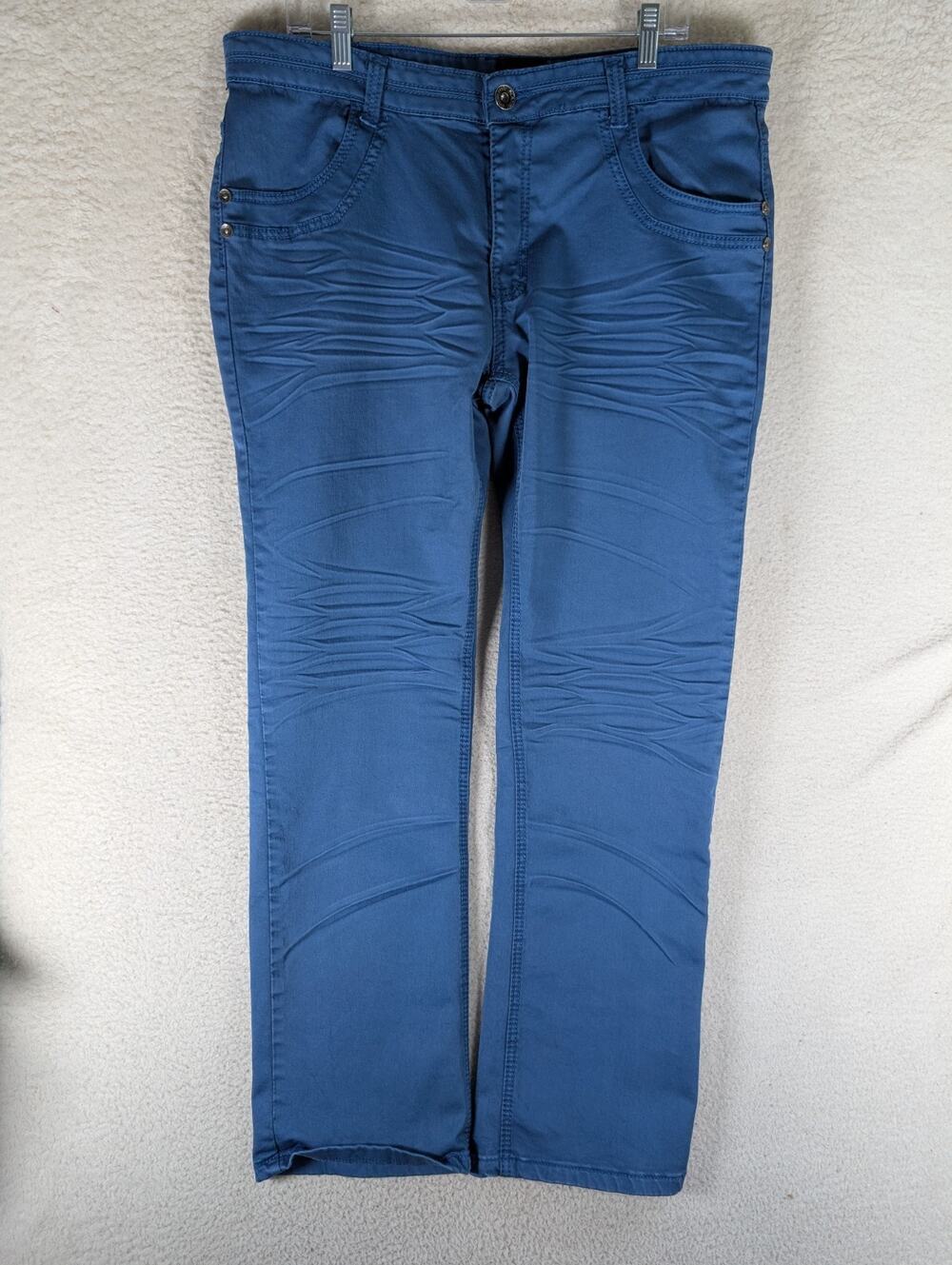 Platini Black Label Jeans Mens 38x32 Blue Straight Leg Stretch Crinkle Wash
